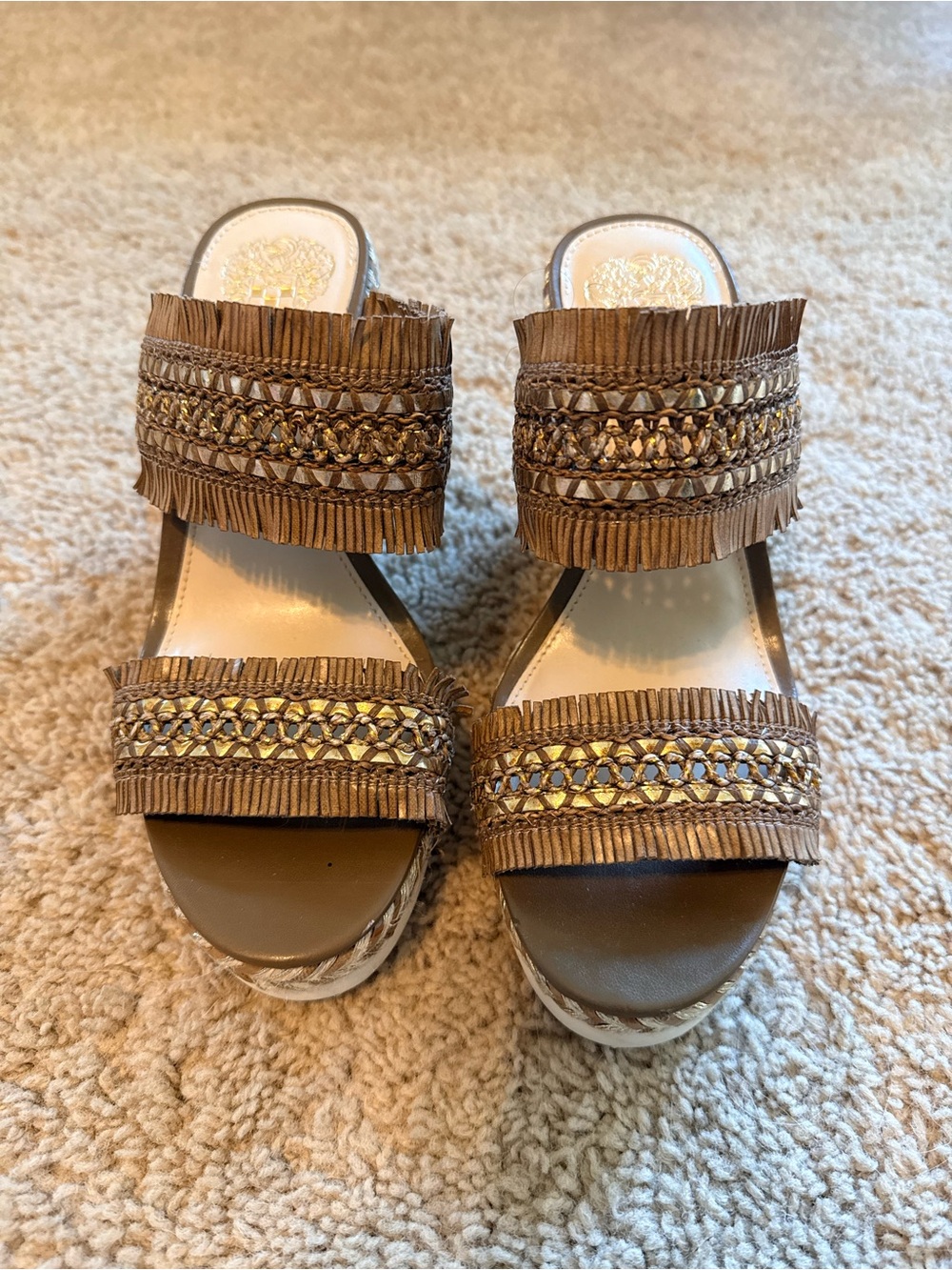 Vince Camuto Brown Woven Fringe Platform Slides